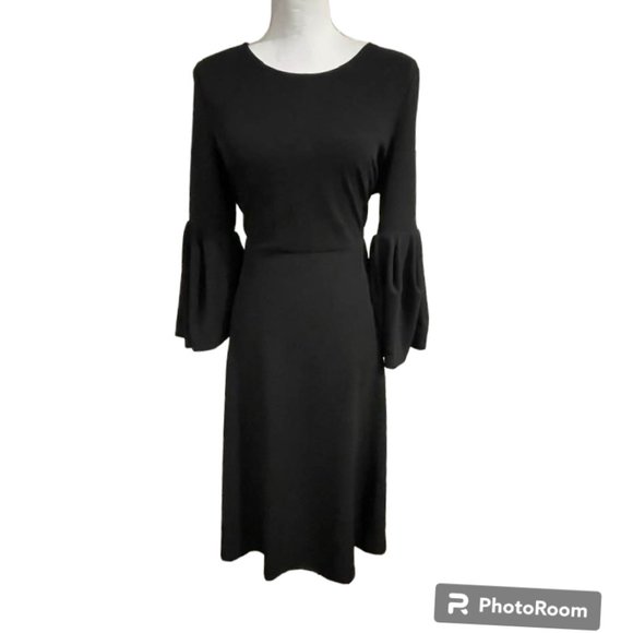 Flattering A-line Midi Little Black Dress with Flouncy Sleeves - Picture 7 of 16